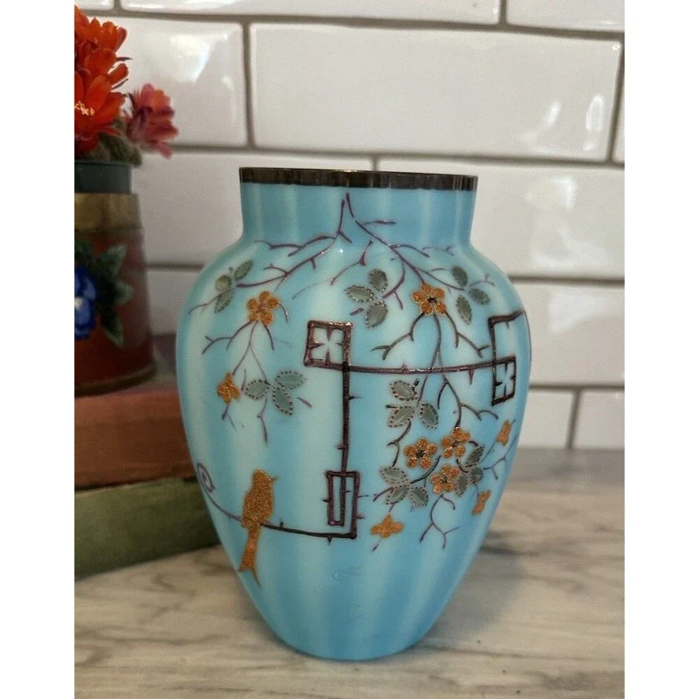 Gorgeous Antique Cased Satin Blue Glass Vase Raised Art Deco Bird Flowers